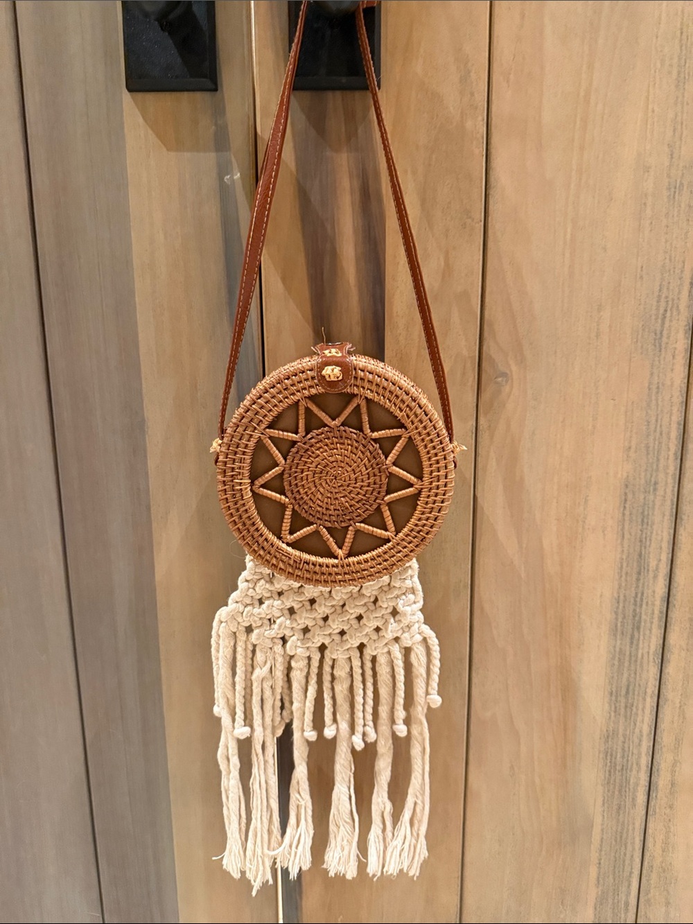 Tan Round Woven Crossbody Bag with Cream Macramé Fringe